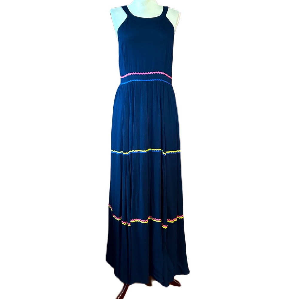 ModCloth Navy Blue Maxi Dress with Pink and Yellow Trim